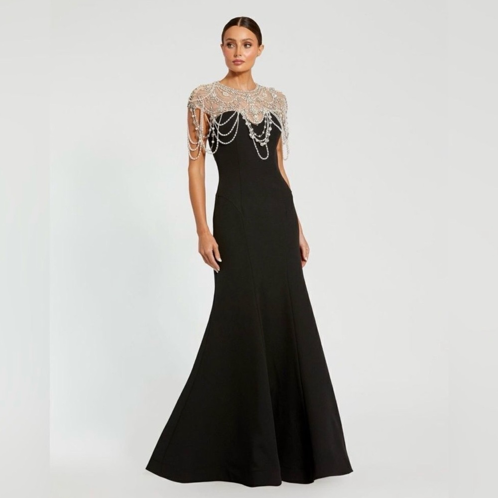 Mac Duggal 11775 Black Draped Pearl Beaded Mermaid Dress